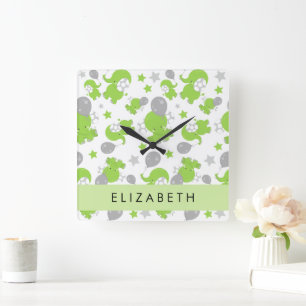 Pattern Of Green Elephants, Stars, Your Name Square Wall Clock