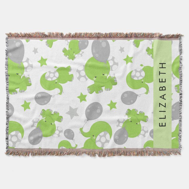 Pattern Of Green Elephants, Stars, Your Name Throw Blanket (Front)