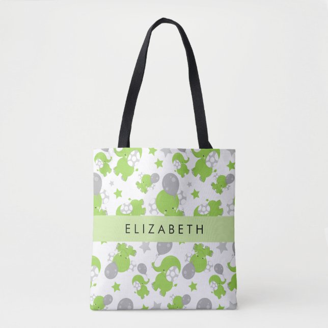 Pattern Of Green Elephants, Stars, Your Name Tote Bag (Front)