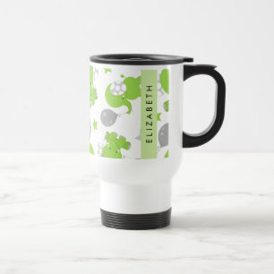 Pattern Of Green Elephants, Stars, Your Name Travel Mug