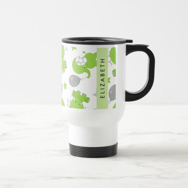 Pattern Of Green Elephants, Stars, Your Name Travel Mug (Right)