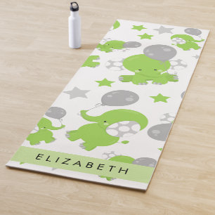 Pattern Of Green Elephants, Stars, Your Name Yoga Mat