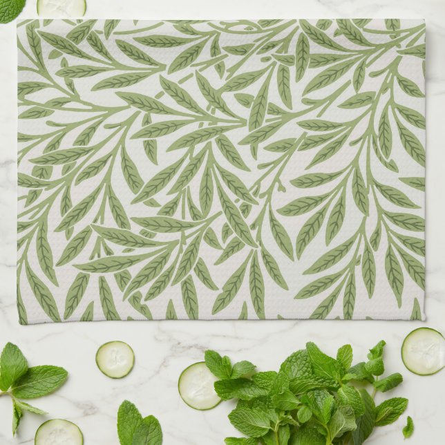 Pattern of green leafy branches  tea towel (Folded)