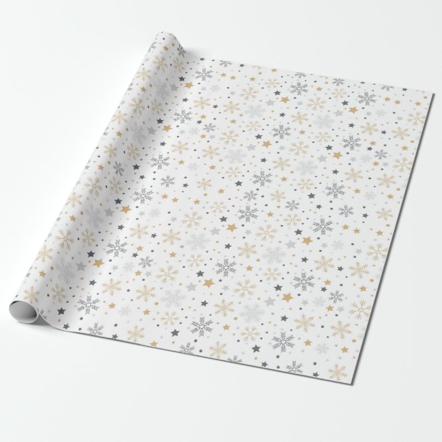Pattern Of Grey And Yellow Snowflakes Wrapping Paper (Unrolled)