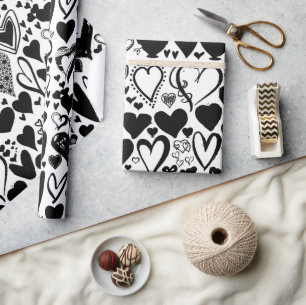 Pattern Of Hearts, Black Hearts, Black and White Wrapping Paper