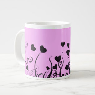 Pattern Of Hearts, Black Hearts, Dots, Love, Pink Large Coffee Mug