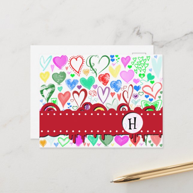 Pattern Of Hearts, Colorful Hearts, Monogram Postcard (Front/Back In Situ)