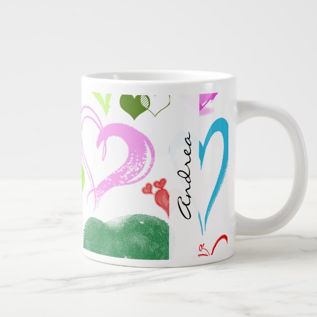 Pattern Of Hearts, Colourful Hearts, Your Name Large Coffee Mug (Right)