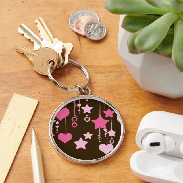 Pattern Of Hearts, Pattern Of Stars, Dots, Pink Key Ring (Desk)