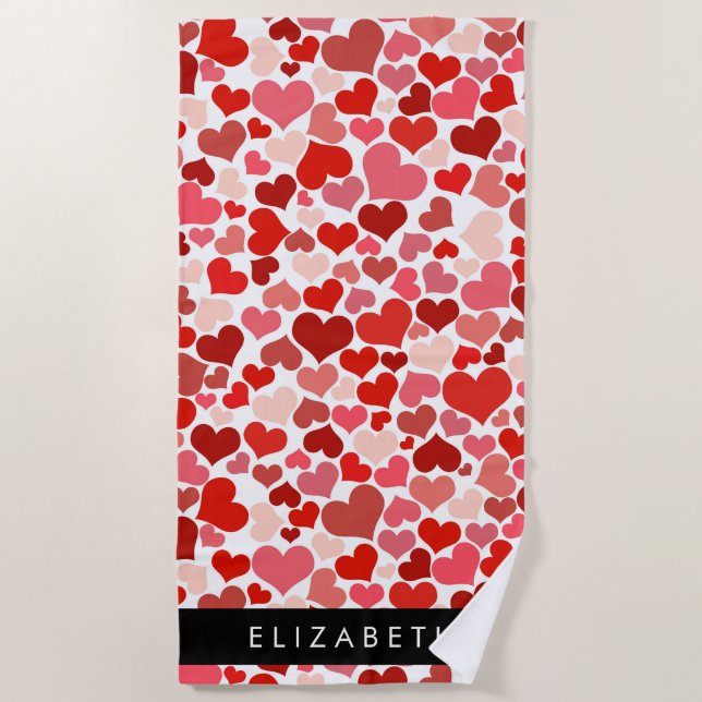 Pattern Of Hearts, Red Hearts, Love, Your Name Beach Towel (Front)