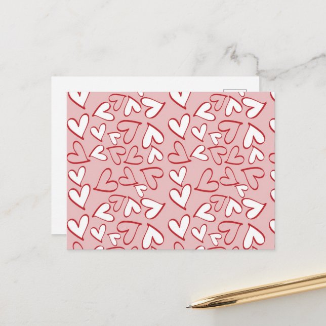 Pattern Of Hearts, Red Hearts, Pink Hearts, Love Postcard (Front/Back In Situ)