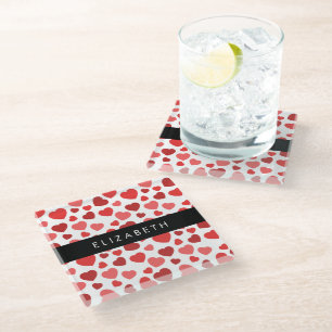 Pattern Of Hearts, Red Hearts, Your Name Glass Coaster