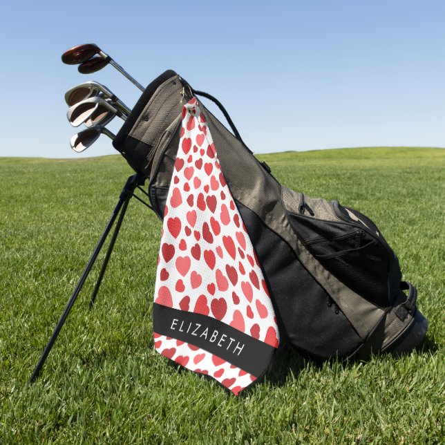 Pattern Of Hearts, Red Hearts, Your Name Golf Towel (Green)