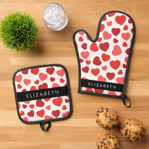 Pattern Of Hearts, Red Hearts, Your Name Oven Mitt & Pot Holder Set