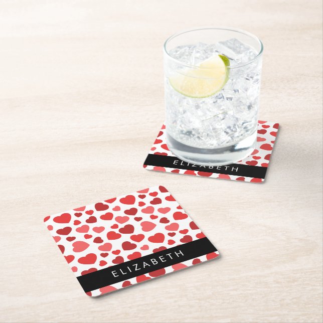 Pattern Of Hearts, Red Hearts, Your Name Square Paper Coaster (Insitu)