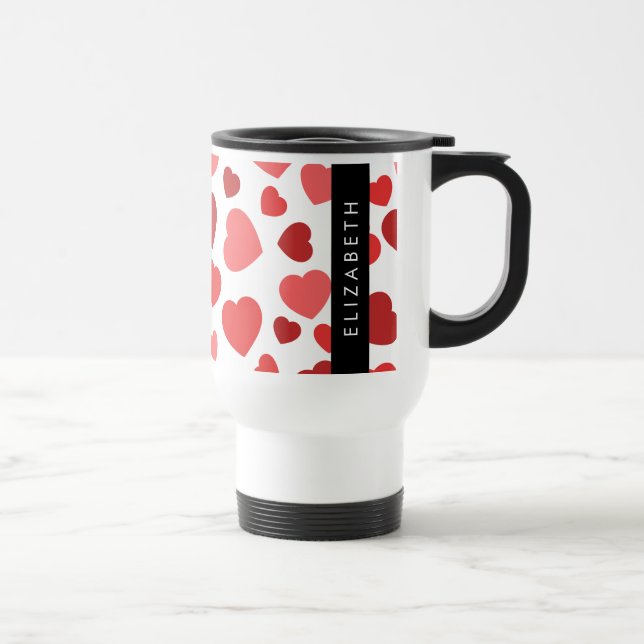 Pattern Of Hearts, Red Hearts, Your Name Travel Mug (Right)