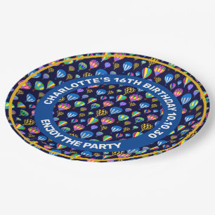 Pattern Of Hot Air Balloons. Navy Blue Background Paper Plate