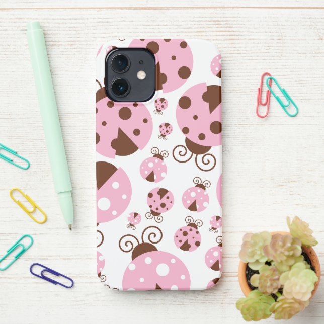 Pattern Of Ladybugs, Cute Ladybugs, Pink Ladybugs iPhone Case (On Desk)