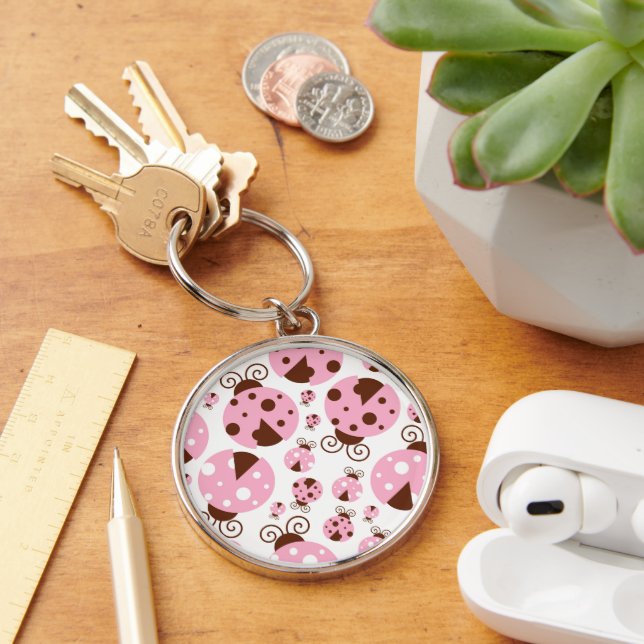 Pattern Of Ladybugs, Cute Ladybugs, Pink Ladybugs Key Ring (Desk)