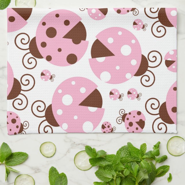 Pattern Of Ladybugs, Cute Ladybugs, Pink Ladybugs Tea Towel (Folded)