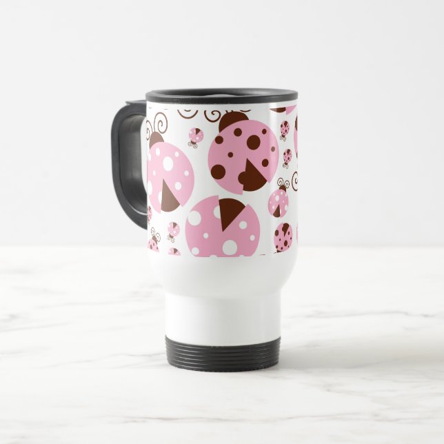 Pattern Of Ladybugs, Cute Ladybugs, Pink Ladybugs Travel Mug (Front Left)
