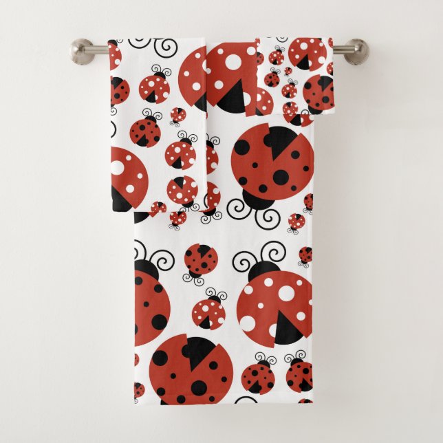 Pattern Of Ladybugs, Cute Ladybugs, Red Ladybugs Bath Towel Set (Insitu)