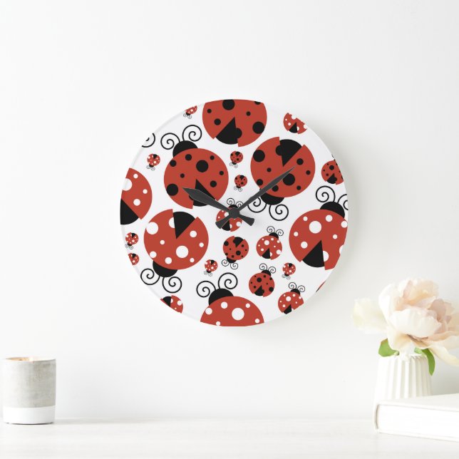 Pattern Of Ladybugs, Cute Ladybugs, Red Ladybugs Large Clock (Home)