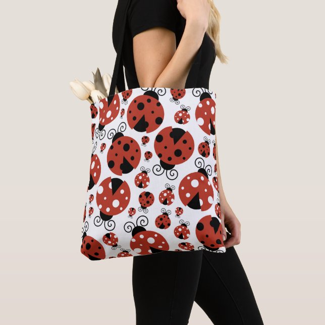 Pattern Of Ladybugs, Cute Ladybugs, Red Ladybugs Tote Bag (Close Up)