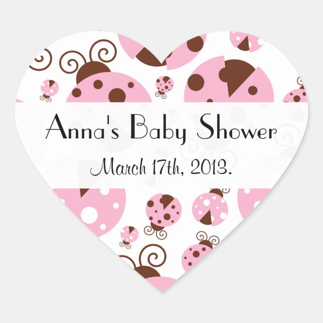 Pattern Of Ladybugs, Pink Ladybugs, Baby Shower Heart Sticker (Front)