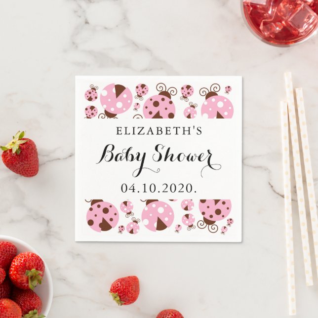 Pattern Of Ladybugs, Pink Ladybugs, Baby Shower Napkin (Insitu)