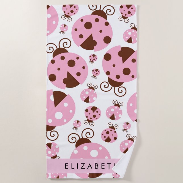 Pattern Of Ladybugs, Pink Ladybugs, Your Name Beach Towel (Front)