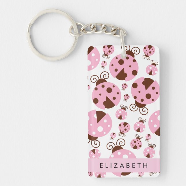 Pattern Of Ladybugs, Pink Ladybugs, Your Name Key Ring (Front)
