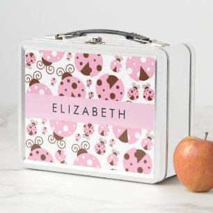 Pattern Of Ladybugs, Pink Ladybugs, Your Name Metal Lunch Box