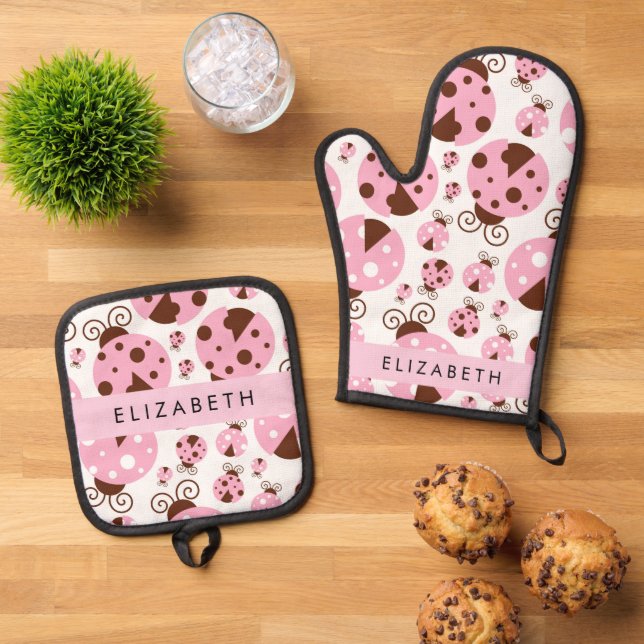 Pattern Of Ladybugs, Pink Ladybugs, Your Name Oven Mitt & Pot Holder Set (Top Down)