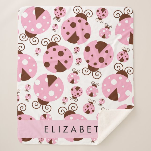 Pattern Of Ladybugs, Pink Ladybugs, Your Name Sherpa Blanket (Front)