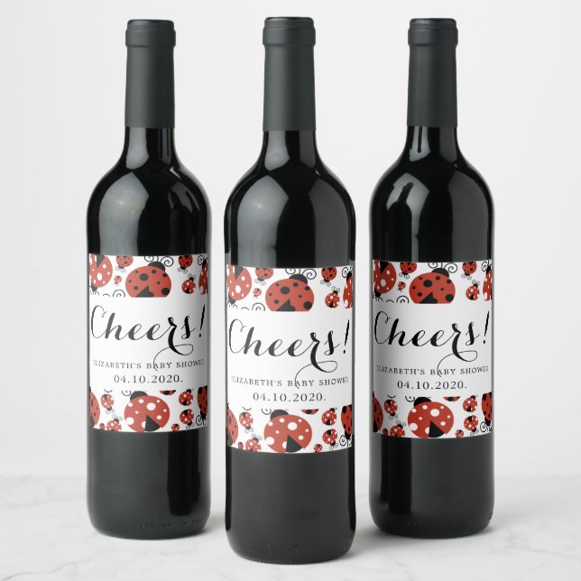 Pattern Of Ladybugs, Red Ladybugs, Baby Shower Wine Label (Bottles)