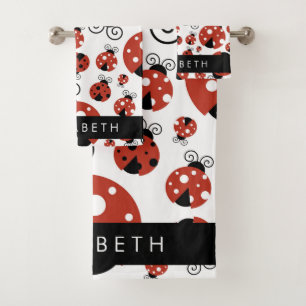 Pattern Of Ladybugs, Red Ladybugs, Your Name Bath Towel Set
