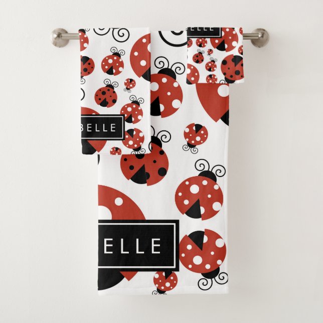 Pattern Of Ladybugs, Red Ladybugs, Your Name Bath Towel Set (Insitu)