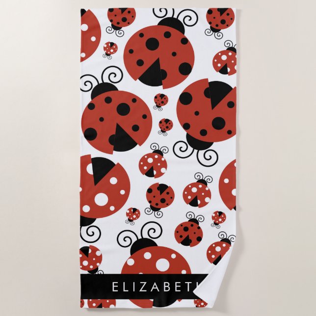 Pattern Of Ladybugs, Red Ladybugs, Your Name Beach Towel (Front)