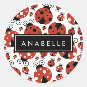 Pattern Of Ladybugs, Red Ladybugs, Your Name Classic Round Sticker
