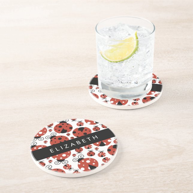 Pattern Of Ladybugs, Red Ladybugs, Your Name Coaster (Side)