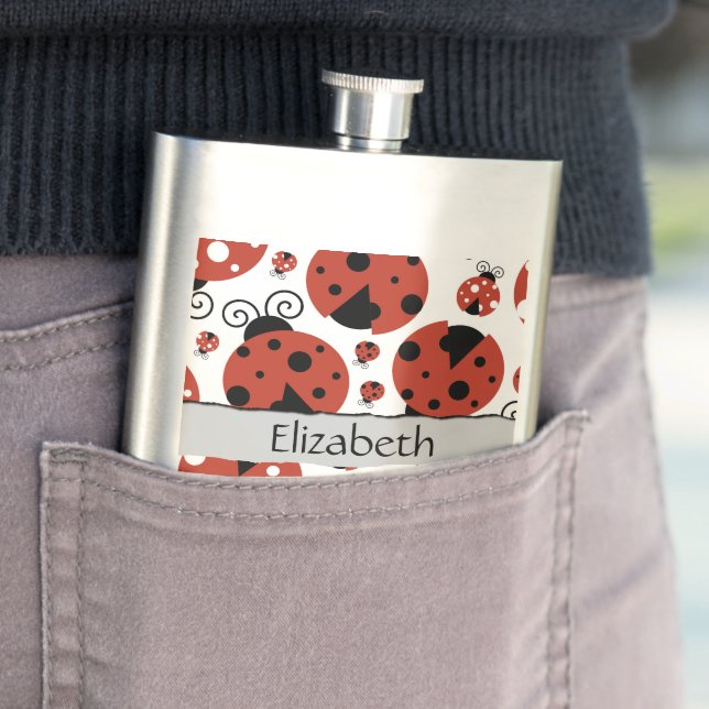 Pattern Of Ladybugs, Red Ladybugs, Your Name Hip Flask (In Situ)