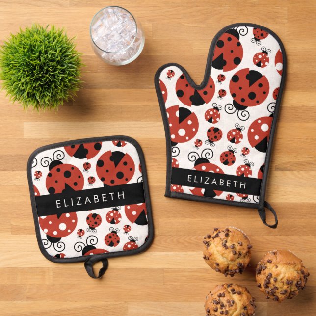 Pattern Of Ladybugs, Red Ladybugs, Your Name Oven Mitt & Pot Holder Set (Top Down)