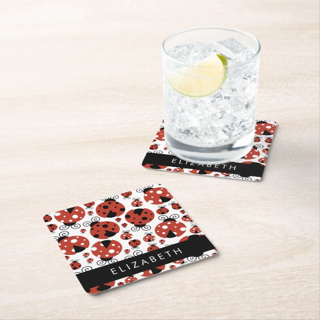 Pattern Of Ladybugs, Red Ladybugs, Your Name Square Paper Coaster (Insitu)
