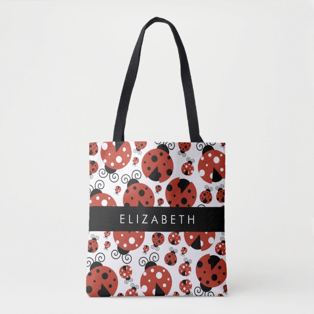 Pattern Of Ladybugs, Red Ladybugs, Your Name Tote Bag (Front)