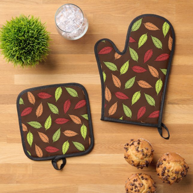 Pattern Of Leaves, Colourful Leaves, Autumn Leaves Oven Mitt & Pot Holder Set (Top Down)