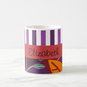 Pattern Of Leaves, Purple Stripes, Your Name Coffee Mug