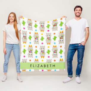 Pattern Of Llamas, Alpacas, Cactus, Your Name Fleece Blanket