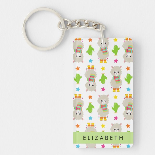 Pattern Of Llamas, Alpacas, Cactus, Your Name Key Ring (Front)