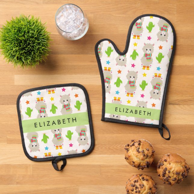 Pattern Of Llamas, Alpacas, Cactus, Your Name Oven Mitt & Pot Holder Set (Top Down)